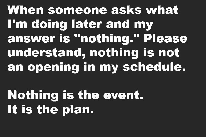 When someone asks what I'm doing later and my answer is nothing... Nothing is the event. It is the plan.